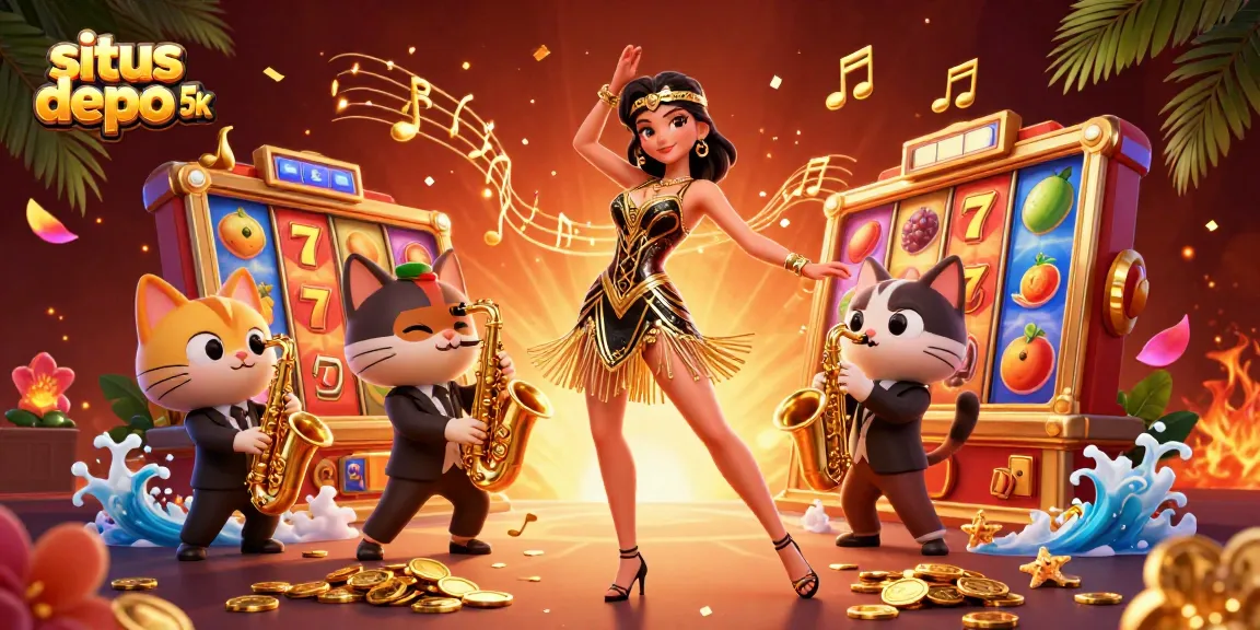 Experience the excitement of situs depo 5k with vibrant slot reels and enchanting characters in a dynamic casino illustration.