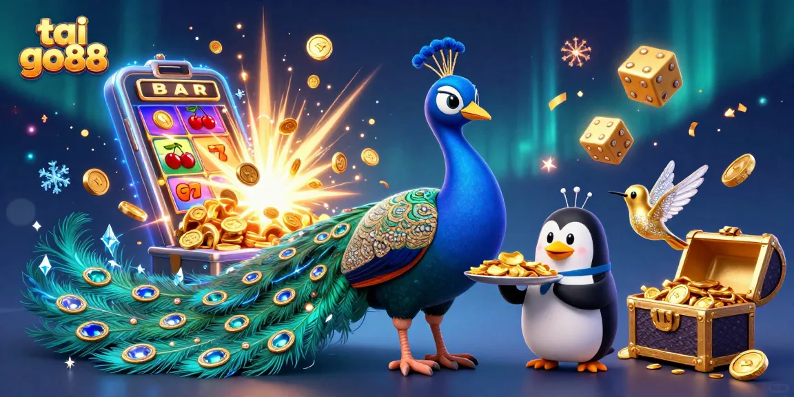 Engage with tai go88's vibrant casino world featuring an aristocratic peacock and a butler penguin amidst a jackpot explosion.