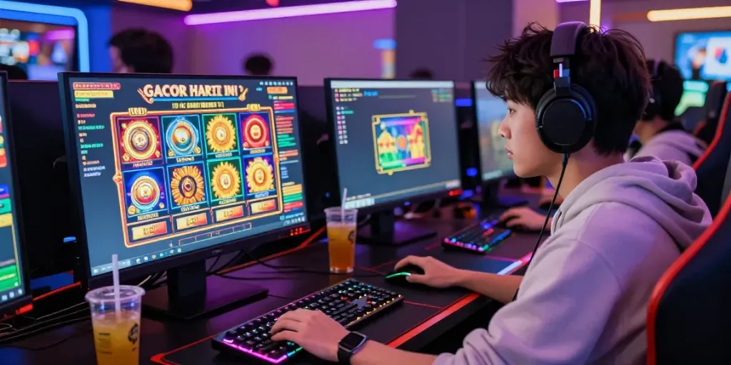 Player engaging with slot gacor hari ini games at a modern digital casino setup, showcasing vibrant graphics and immersive atmosphere.