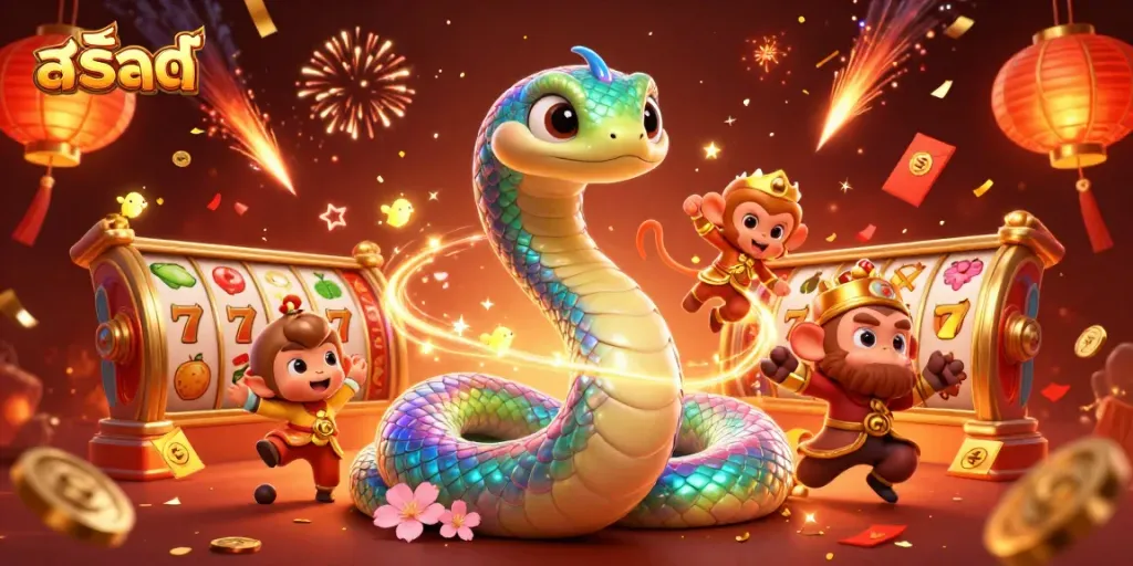 เล่นเกมสล็อต สล็อตแมชชีนที่มีตัวละครน่ารักและสัญลักษณ์โชคลาภรอบตัว