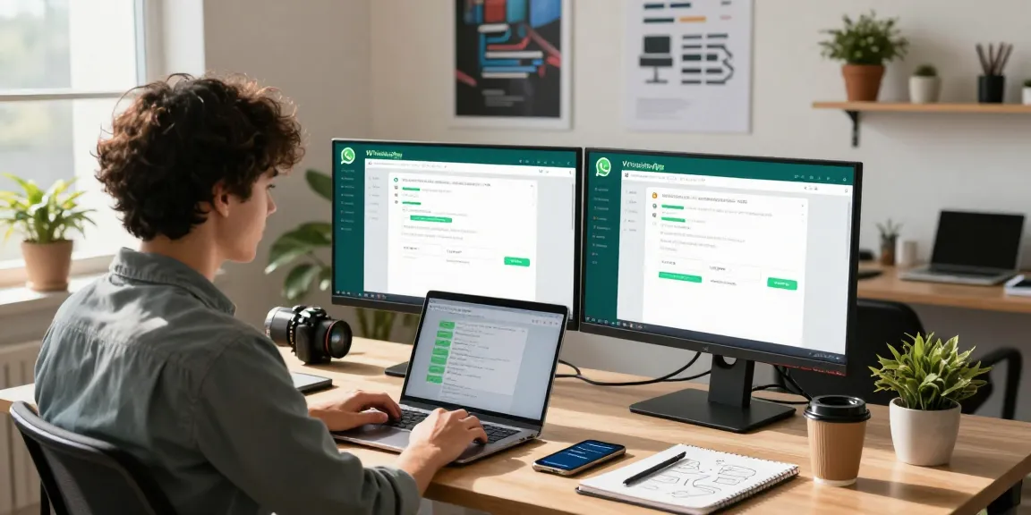 Young professional using WhatsApp網頁版 in a modern office environment with dual monitors and minimalist decor.