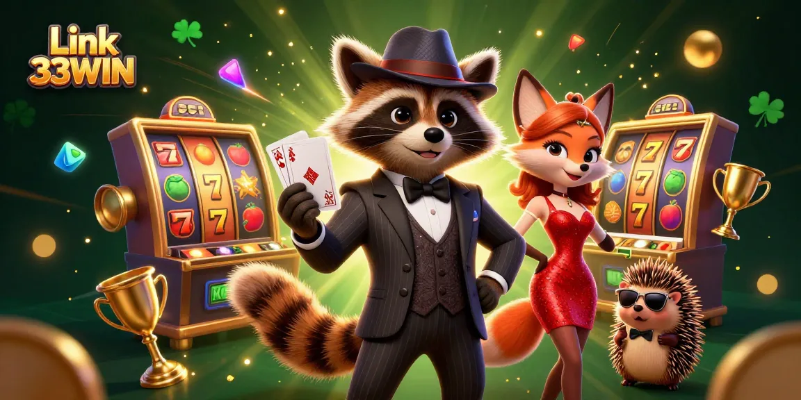 Experience winning strategies with Link 33WIN through a vibrant casino scene featuring charming characters.