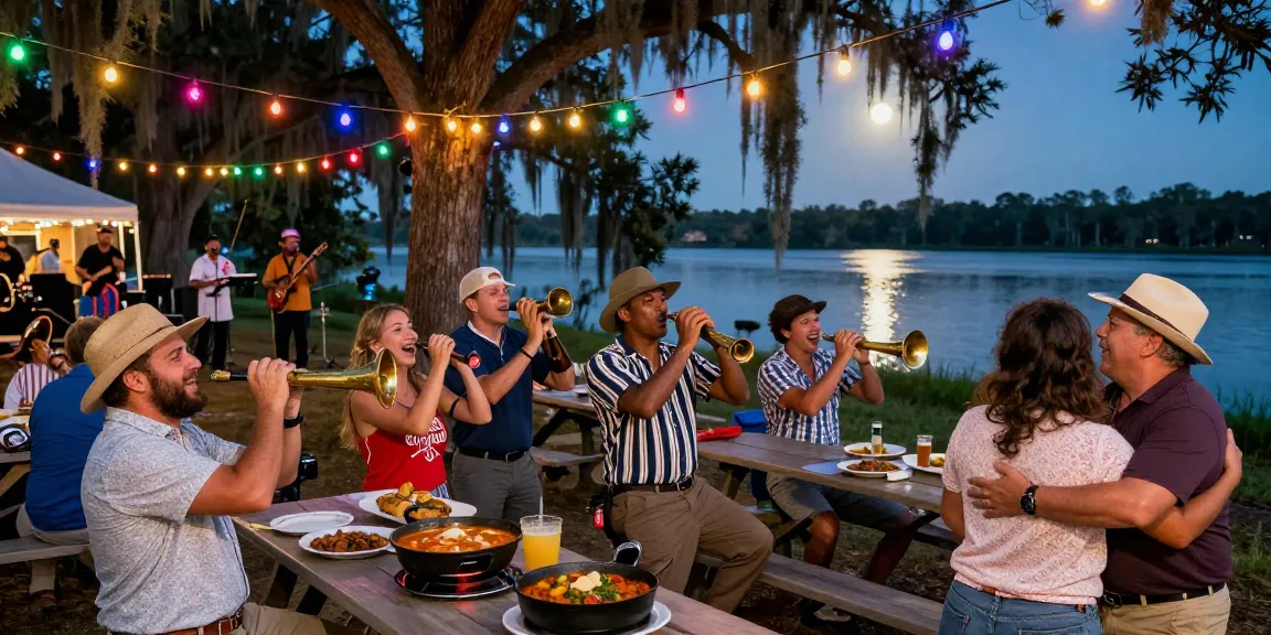 Friends celebrating with bayou blasters at a vibrant Cajun festival.