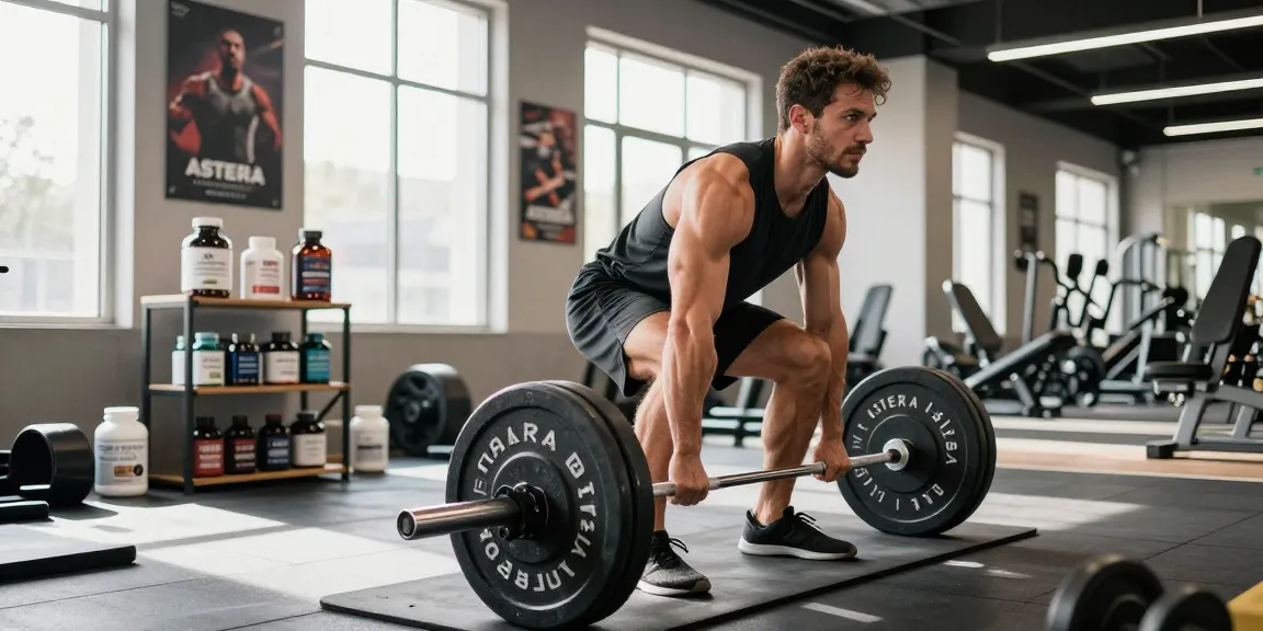 Muscular man lifting barbell in gym with Astera Steroids Shop products in the background, showcasing fitness dedication.