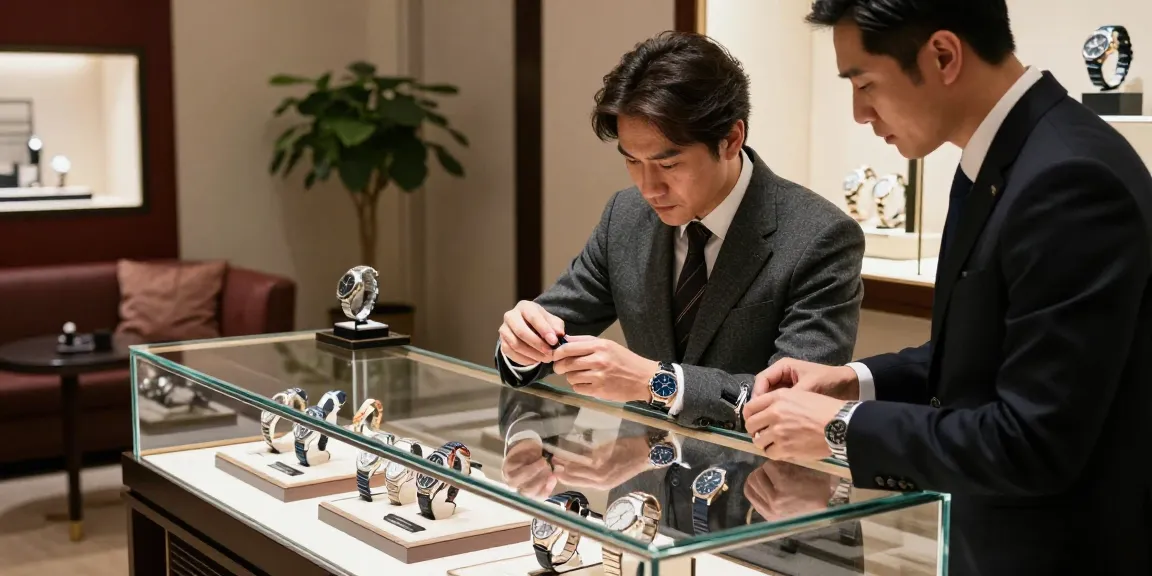 Individual exploring high-quality clone watches in a luxury boutique with a sophisticated atmosphere.