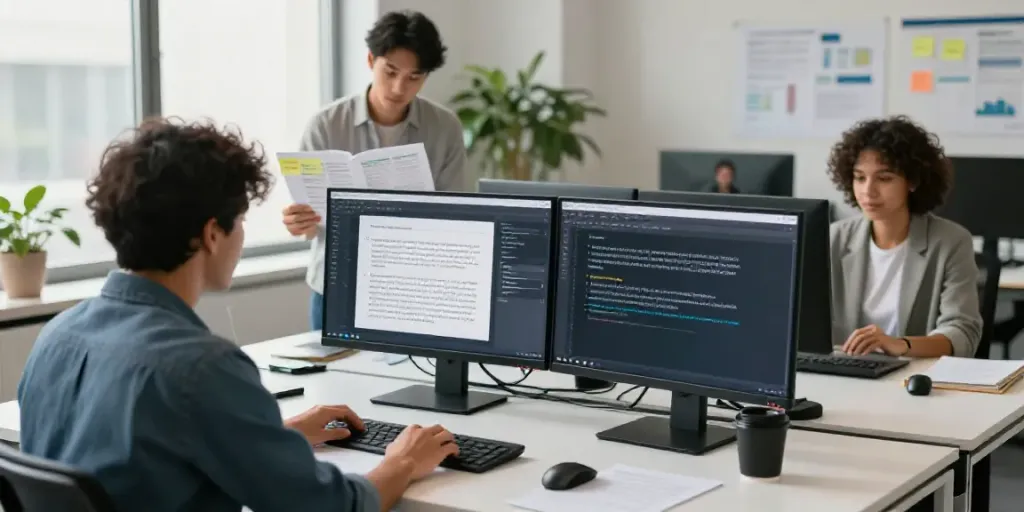 Generating Spanish text with AI in a modern digital workspace featuring a collaborative team.