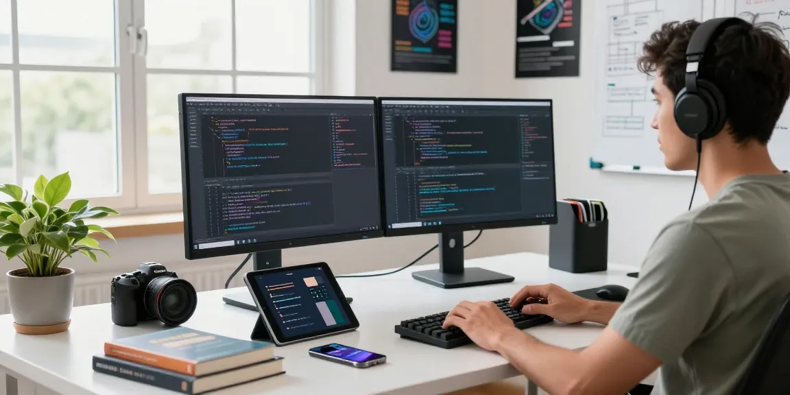 A focused software developer coding at modern workspace, with dual monitors displaying code, representing the dynamic environment of teiegramin.com.