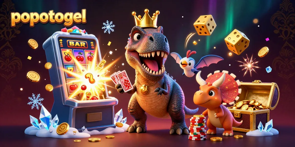 Experience popotogel excitement with friendly dinosaur characters in a lively casino scene.
