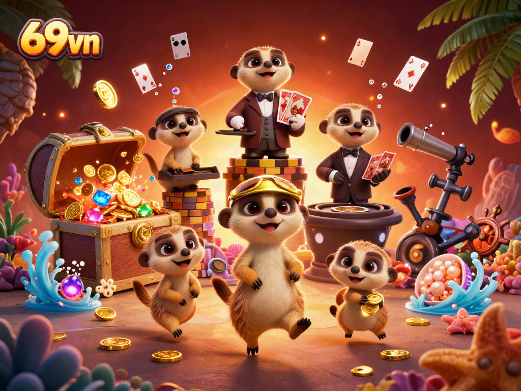 Experience thrilling gameplay at 69vn with vibrant meerkats in a packed casino scene.