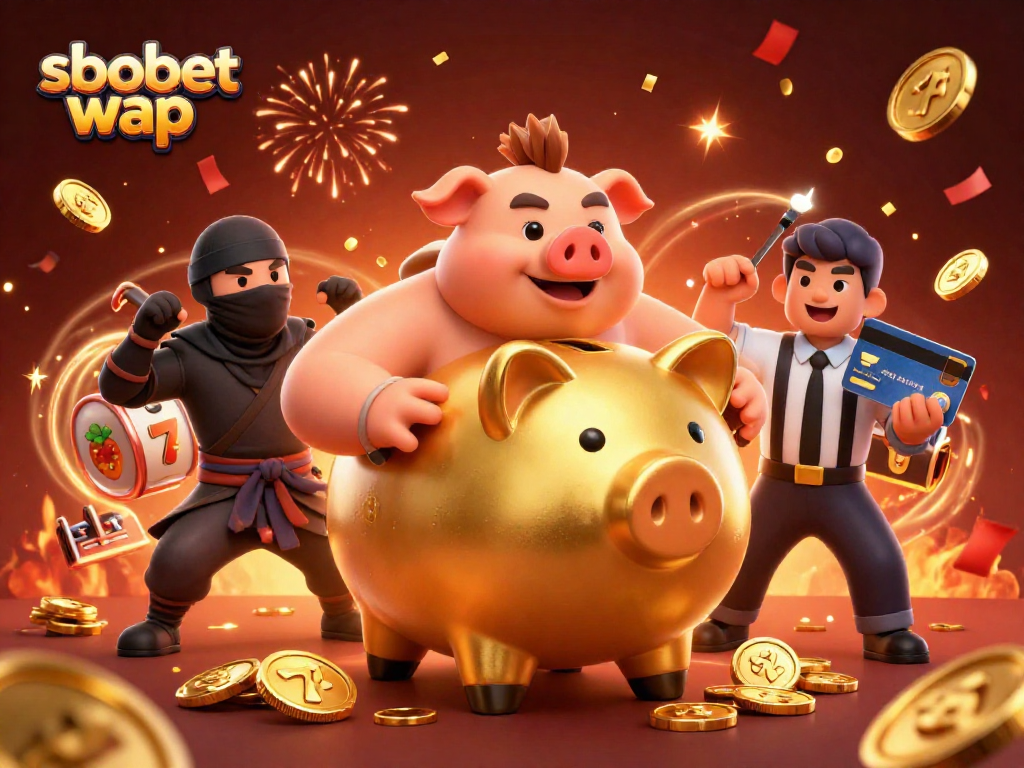 Engage with sbobet wap through a dynamic illustration featuring a golden piggy bank sumo wrestler and exciting casino elements.