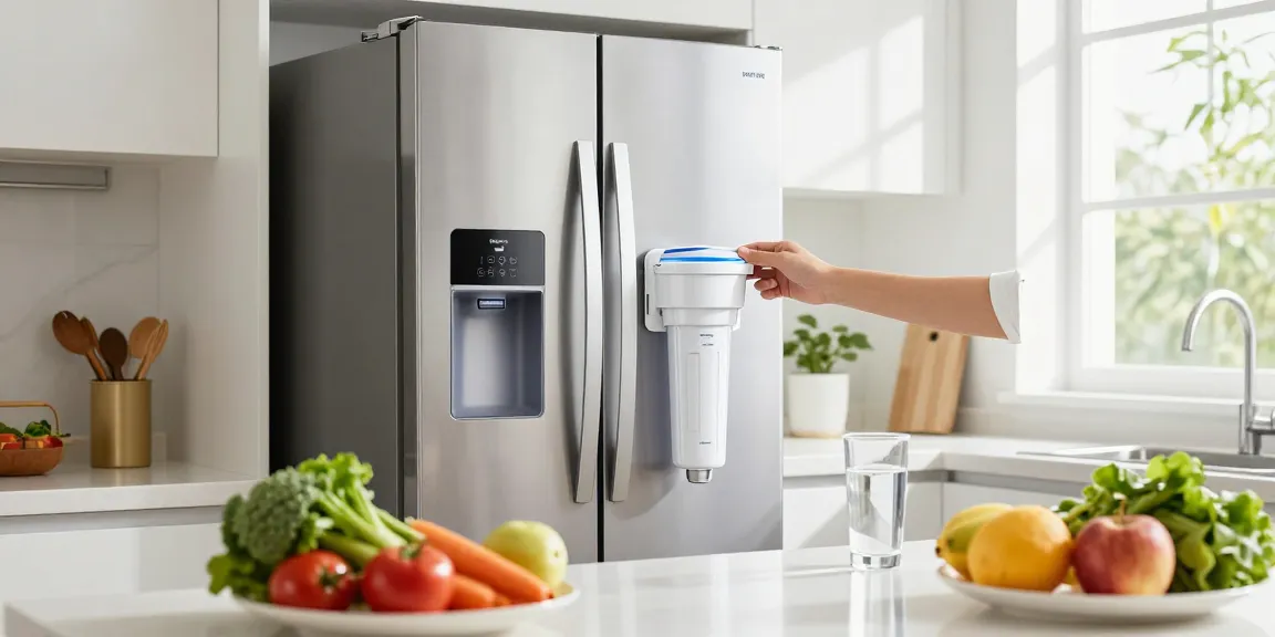 Waterdrop Plus RPWF Refrigerator Water Filter installed in a modern kitchen, emphasizing clean water and fresh ingredients.