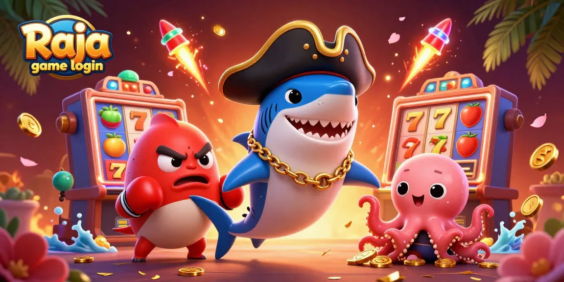 Raja game login illustrated with vibrant characters and slot machines for an engaging casino experience.