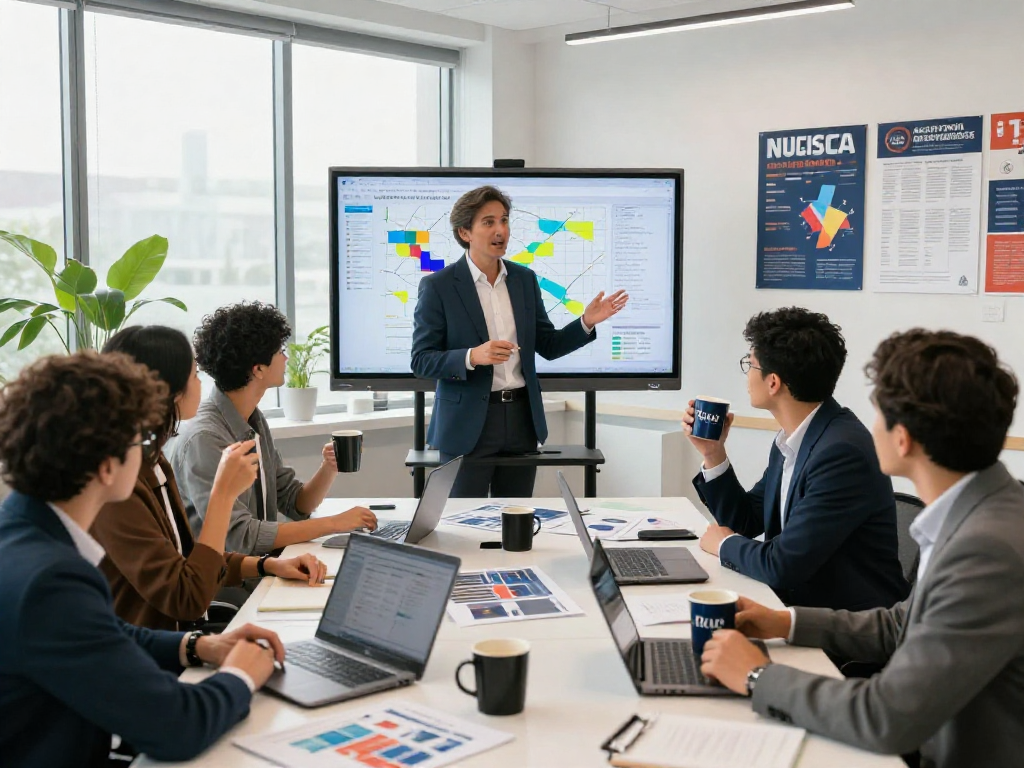 Team collaborating on political reputation management strategies during campaign meeting, showcasing digital voter maps.