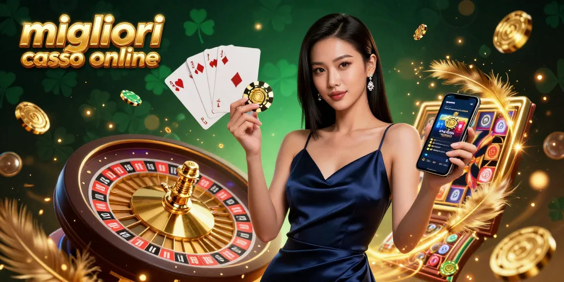 Scopri l'azione dei migliori casino online con una scena straordinaria di una donna asiatica che mostra un'app di casinò e una chip dorata.