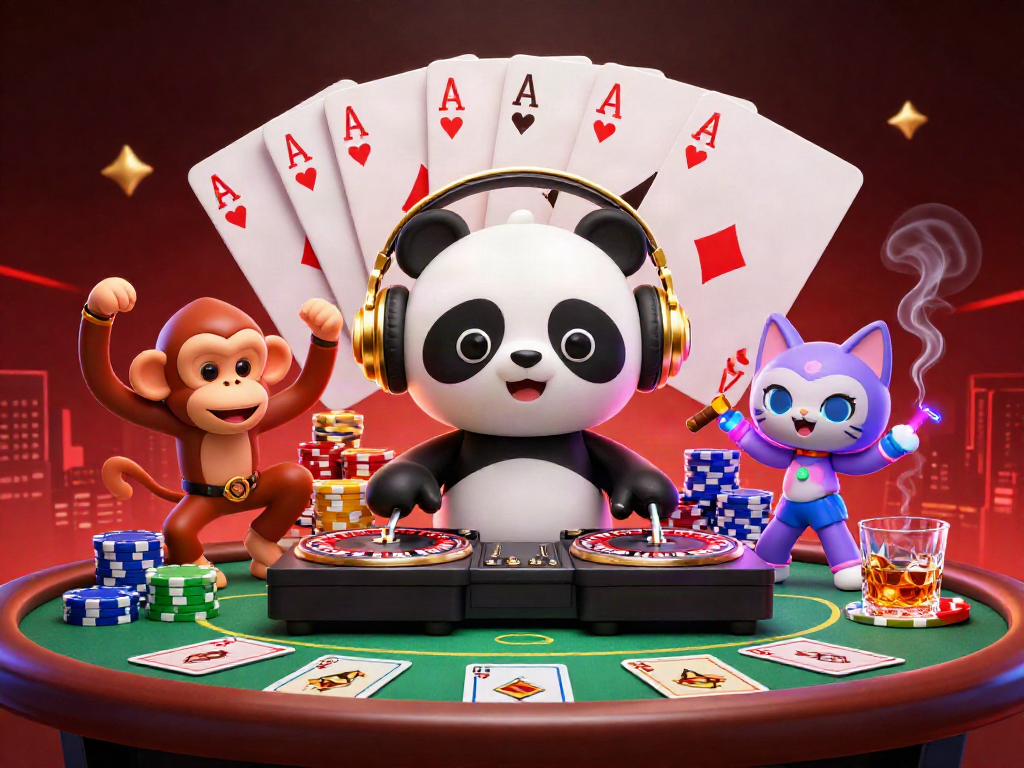 Gambarlah suasana ceria dari dunia permainan di luxury138 alternatif, dengan DJ panda memutar musik di roda roulette.
