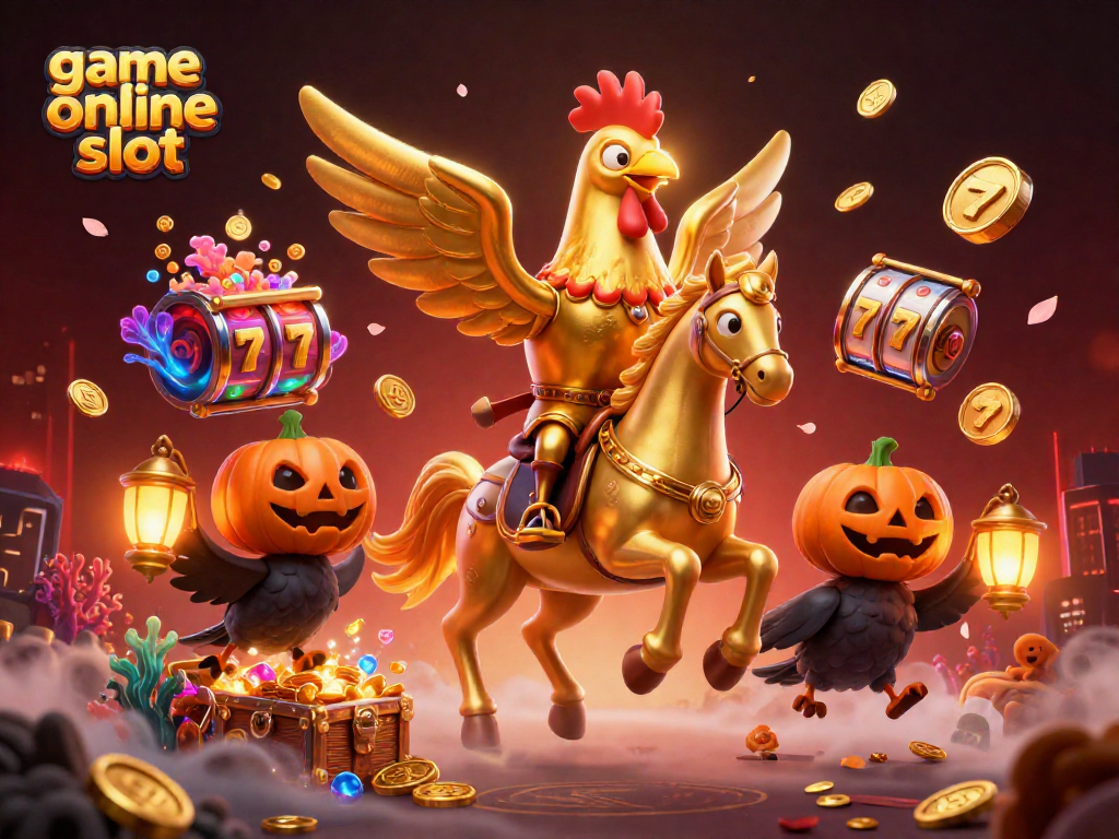 Ilustrasi 3D permainan online slot dengan karakter unik dan elemen kasino yang memikat.