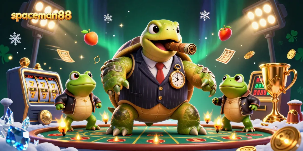 Play slots to win big at spaceman88 while enjoying thrilling 3D visuals with turtle mobster and frogs.