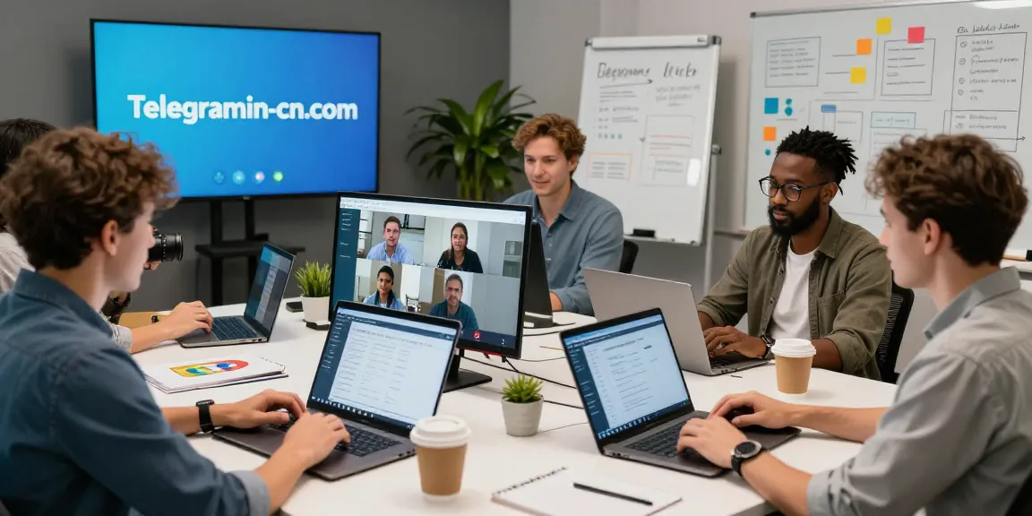 Collaboration over telegramin-cn.com in a modern office with diverse professionals engaged in a video conference.