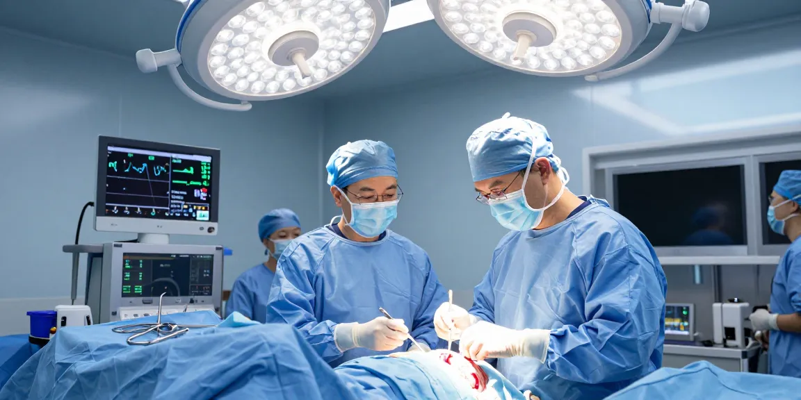 During beyin tümörü ameliyatı, a skilled neurosurgeon operates on a patient with a focused surgical team in a high-tech operating room.