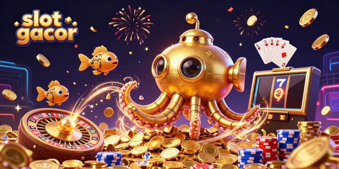 Experience the excitement of slot gacor with a vibrant kraken submarine bursting through golden coins.