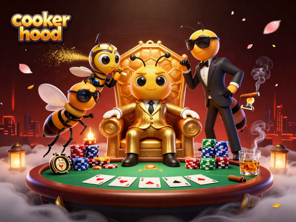 Engaging scene with a cooker hood-themed casino setting showcasing a bumblebee mob boss and poker elements.