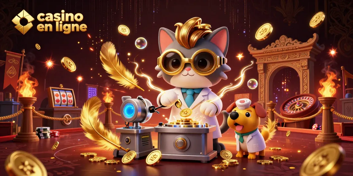 Découvrez l'excitation du casino en ligne avec un chat et un chien de scientifique fou parmi des pièces d'or.