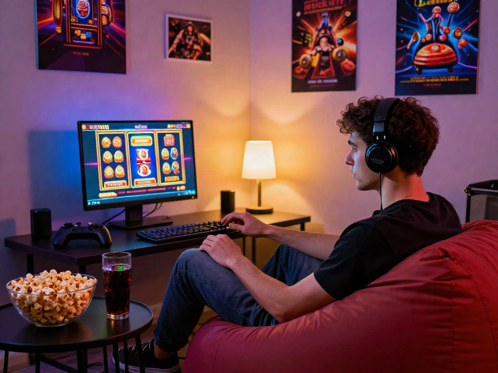 Exciting gaming room setup featuring slot bonus new member 100 offer on the laptop screen.