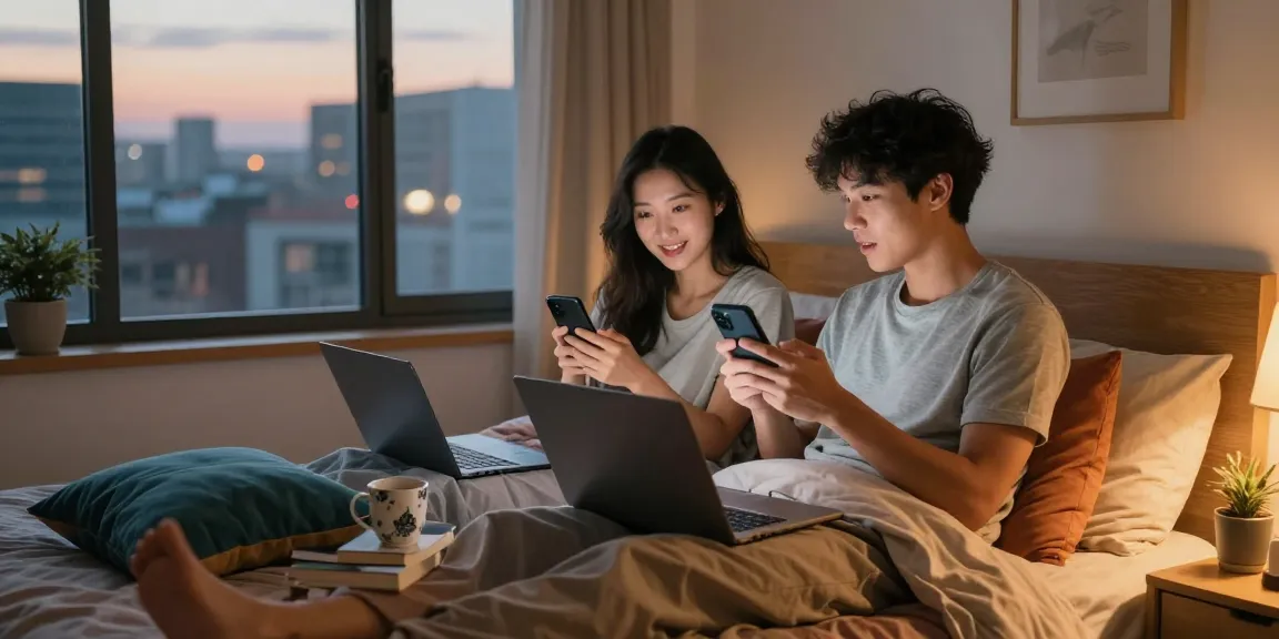 Engaging in free ai sex chat, a couple shares intimate moments in a cozy bedroom.