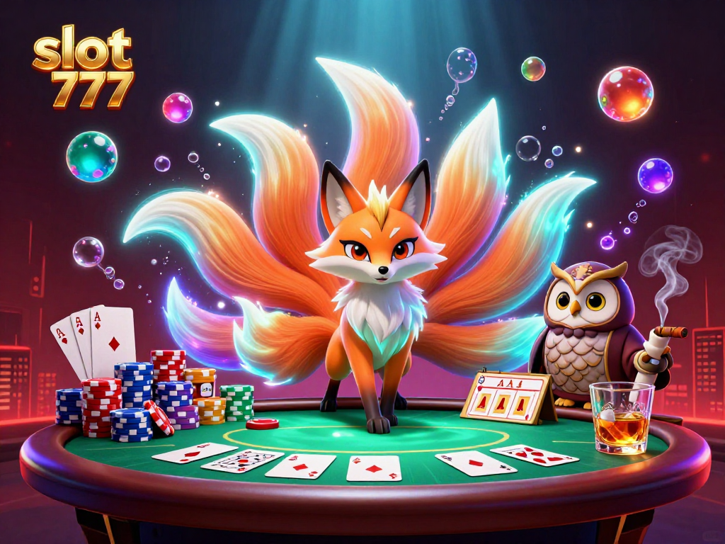 Engage with slot 777 action amidst vibrant characters and dynamic casino elements in this 3D illustration.