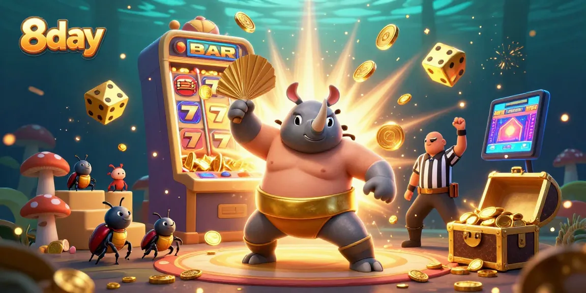 Experience thrilling gaming with 8day's cartoon beetle champion amidst a jackpot explosion.