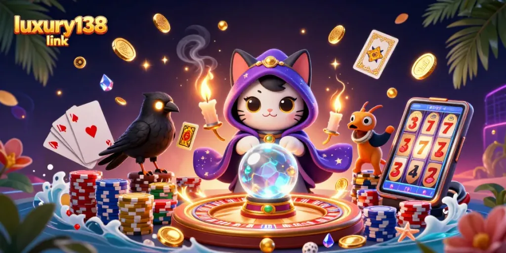 Mengakses luxury138 link dengan mesin slot, kucing mistis, dan kartu tarot dalam permainan kasino yang kaya.