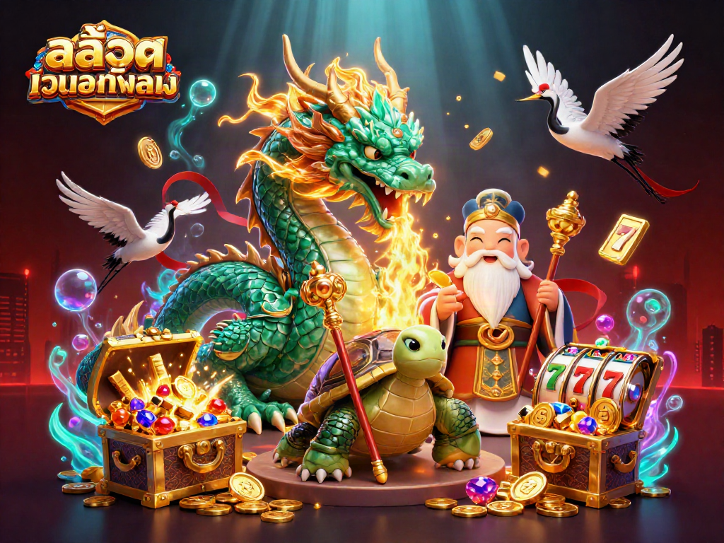 Experience the excitement of สล็อตเว็บตรงทั้งหมด with an emerald jade dragon and lucky game symbols in a vibrant scene.