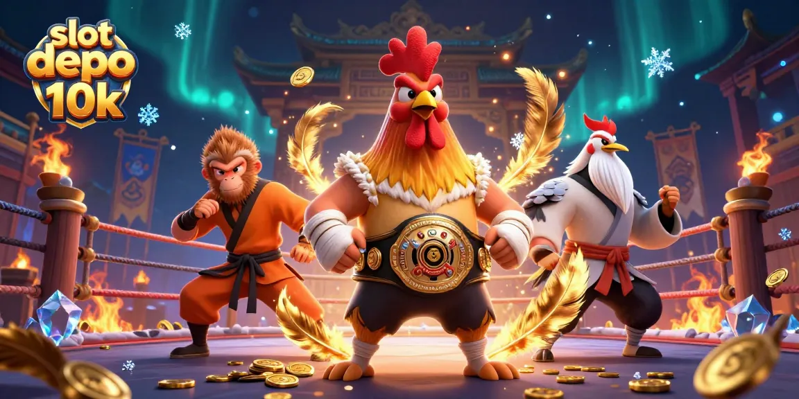 Experience exhilarating wins with slot depo 10k, showcasing vibrant characters in a thrilling gaming arena.