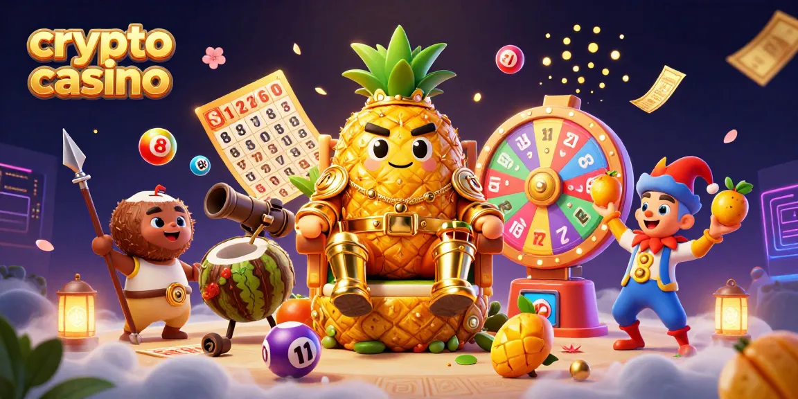 Plongez dans l'univers des casinos crypto avec un roi ananas et des pièces de monnaie brillantes dans une scène animée.