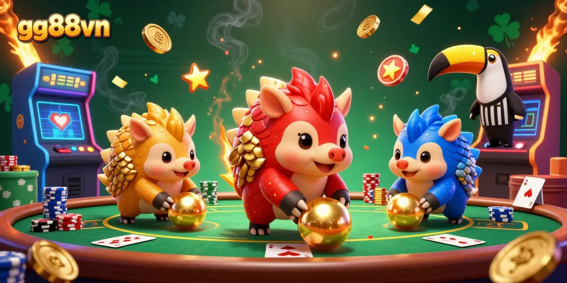 Experience dynamic gaming action with gg88vn in a vibrant casino setting featuring rolling pangolins and poker chips.