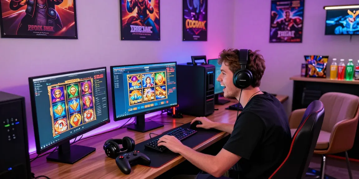 Engaging scene showcasing a vibrant online gaming setup with info slot games displayed on screens, inviting atmosphere.