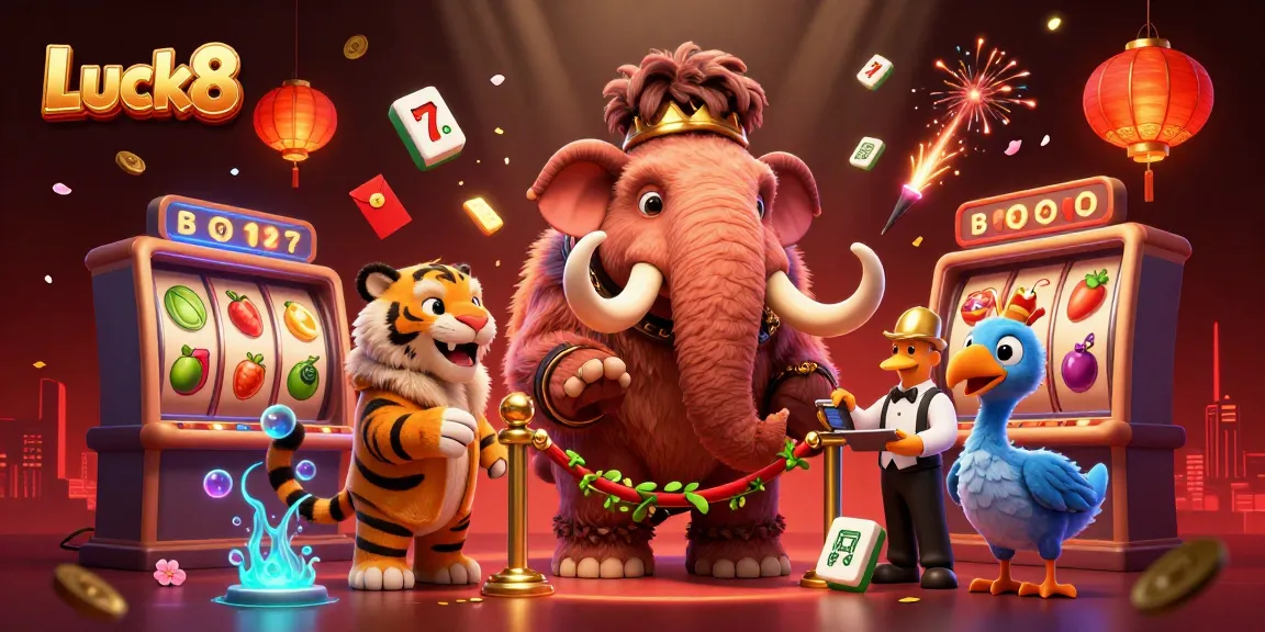 Experience a vibrant Luck8 casino scene with characters showcasing thrilling gaming elements.