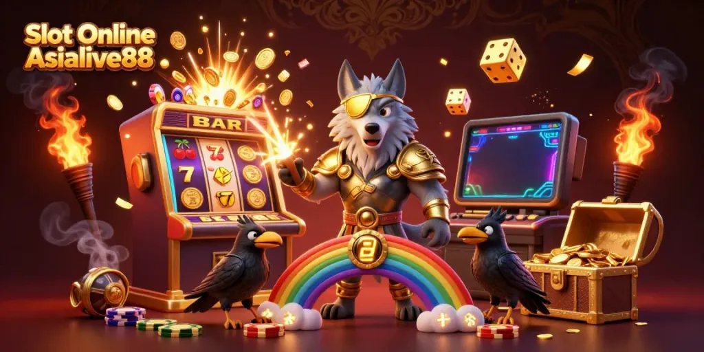 Experience exciting wins with Slot Online Asialive88 in this vibrant casino-themed illustration.