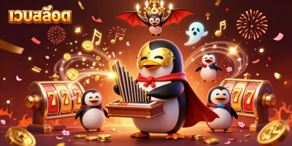 Engage with เว็บสล็อต in a vibrant, interactive 3D scene featuring fun slot elements and lively characters.