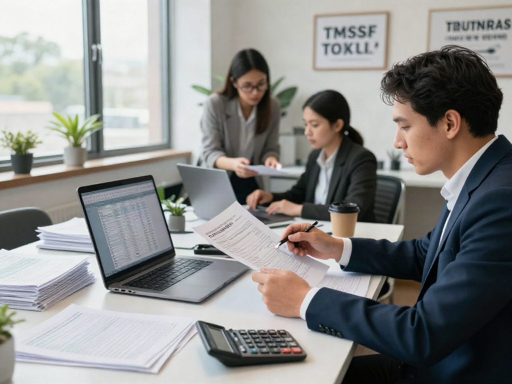 Expert accountants managing SMSF tax return documents in a bright office.