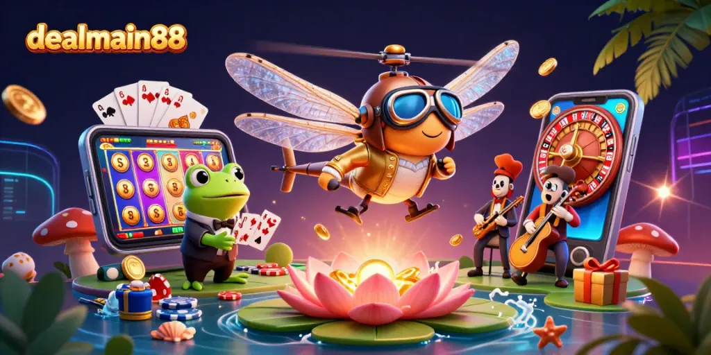 Engage with dealmain88's vibrant casino scene featuring dynamic characters and gaming elements.