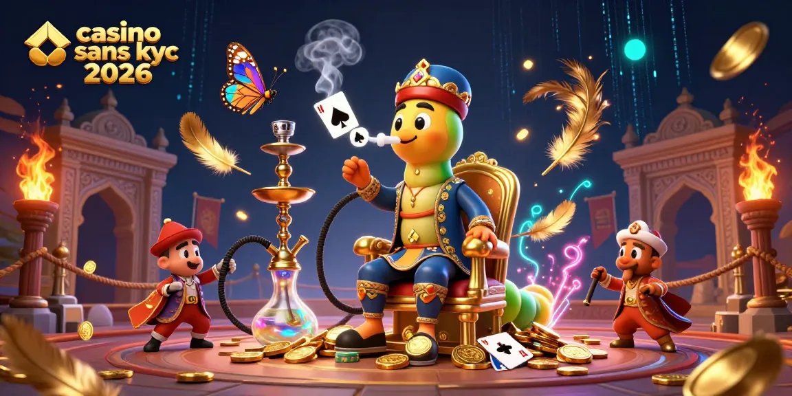 Découvrez le casino sans kyc 2026 avec un maître hookah sur un trône de champignon doré, entouré de symboles de poker.