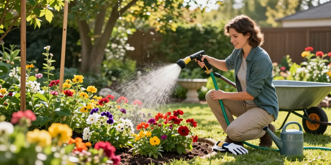 Gardener using the best hose nozzle to water vibrant flowers in a lush garden.