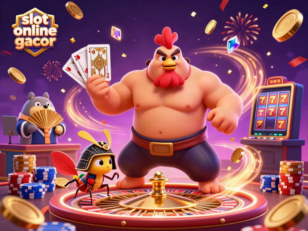 Engage with slot online gacor in a vibrant casino scene featuring characters and dynamic elements.