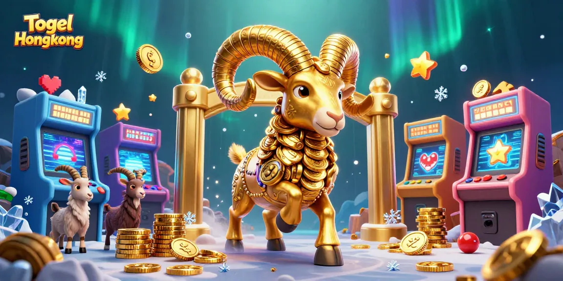 Togel Hongkong illustrates a golden ram charging through a vibrant casino scene filled with arcade games and mountain goat spectators.
