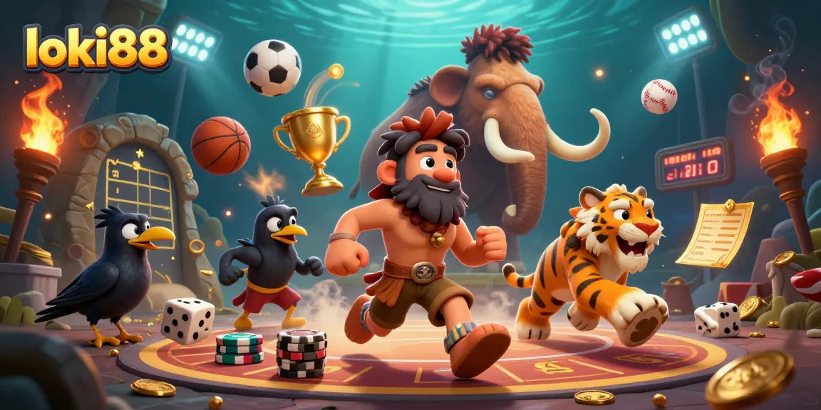 loki88 showcases thrilling prehistoric casino adventure with cavemen, sports elements, and dynamic action.