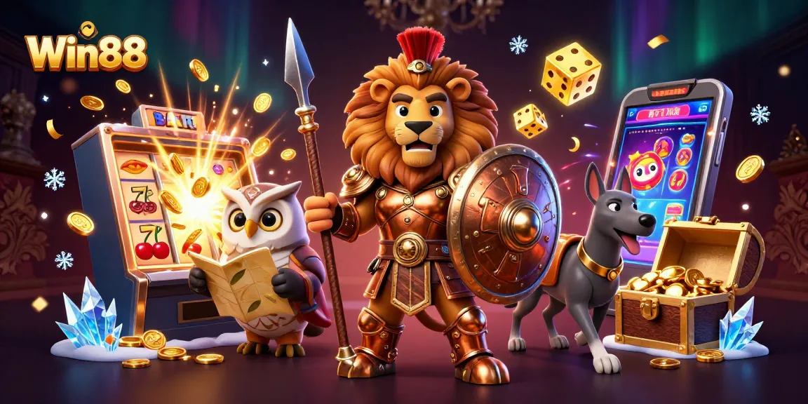 Win88 offers an exciting slot adventure with a lion warrior, an owl strategist, and a greyhound messenger.