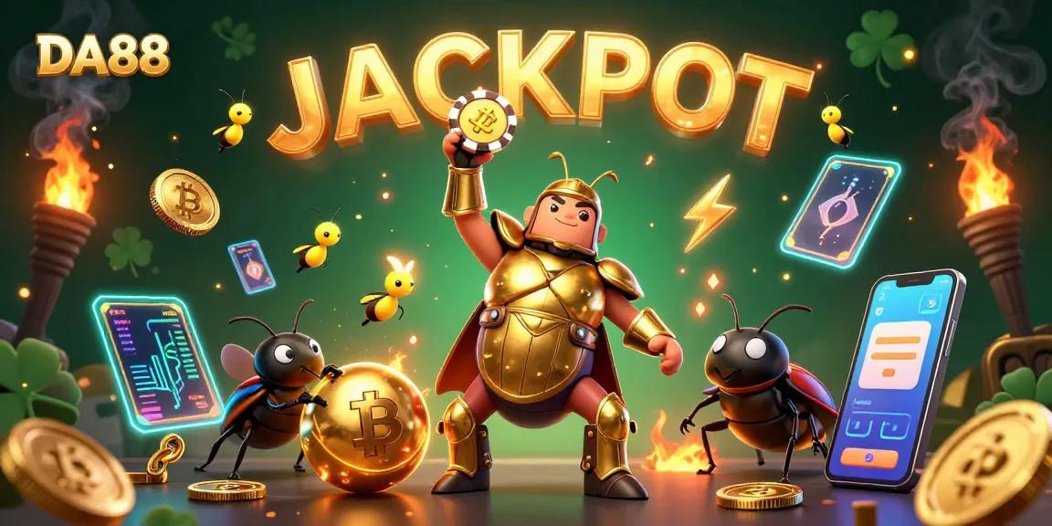 DA88's victorious 3D beetles celebrate wins with crypto-themed jackpot on a vibrant background.