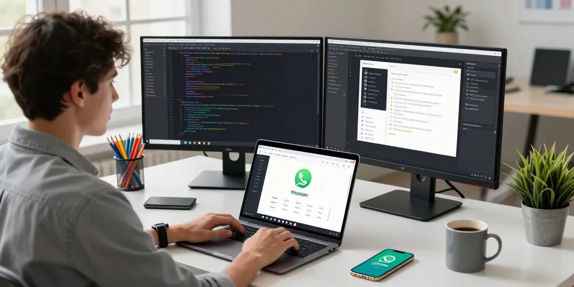 Young professional engaging with WhatsApp網頁版 on a sleek desk in a bright workspace