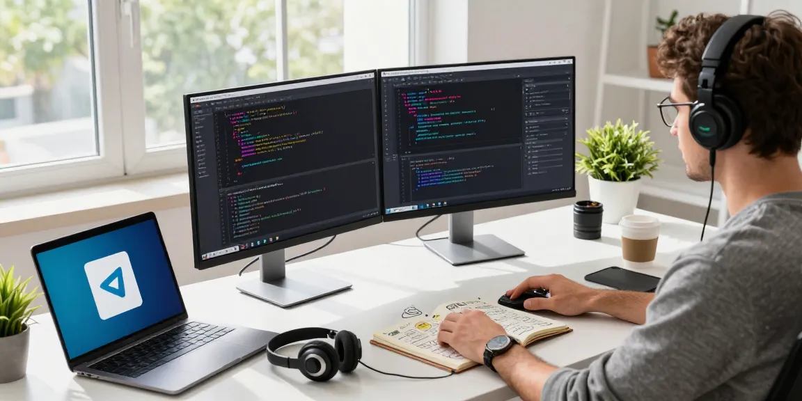 Developer coding in a modern workspace with Telegram's interface, showcasing productivity in a tech environment.